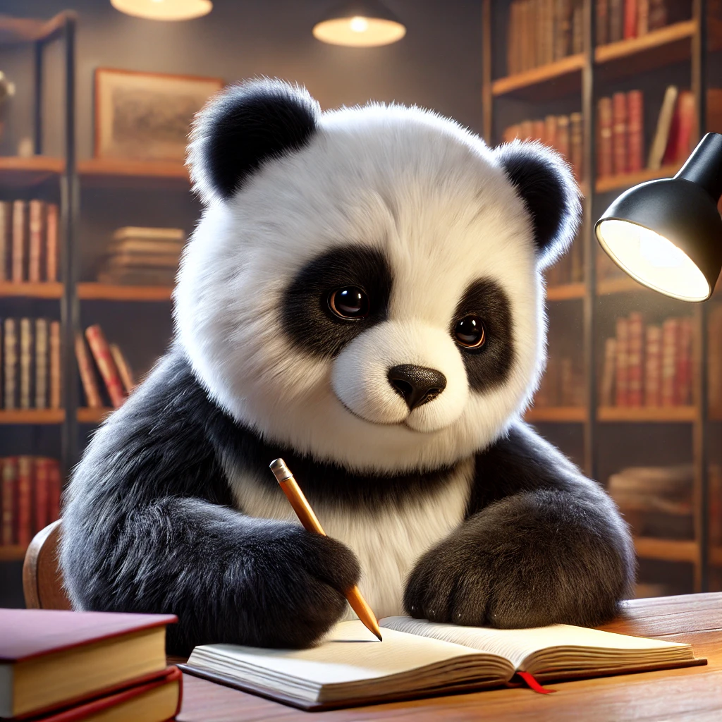 知恵パンダ 性格: 考えるのが得意で、新しいアイデアや解決策を見つける。 ビジュアル: ノートや本を手に、机で研究している姿。